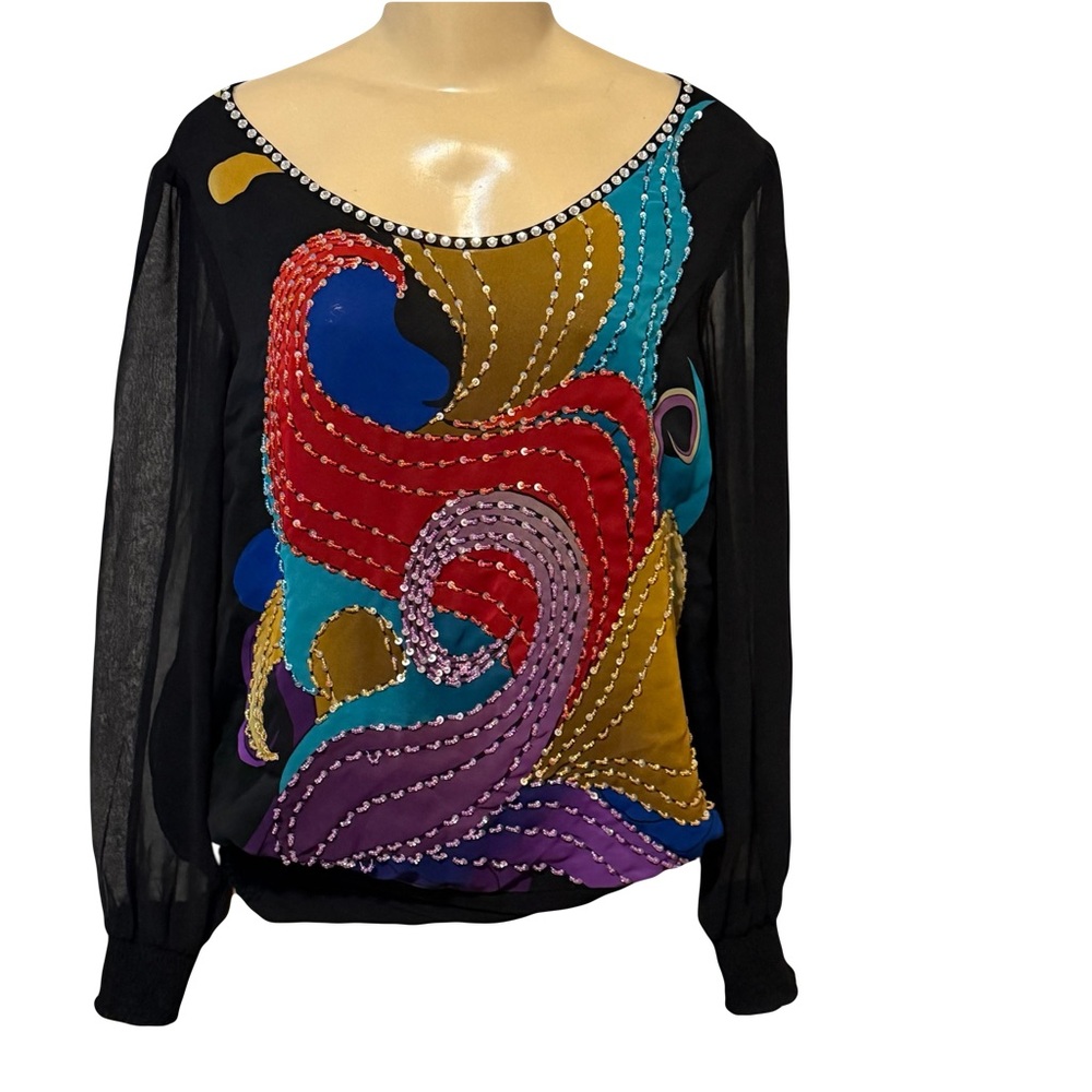 Vintage black colorful beaded embroidered silk blouse 70's 80's